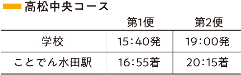 高松中央コース　第1便　学校15：40発　ことでん水田駅16：55着　第2便　学校19：00発　ことでん水田駅20：15着