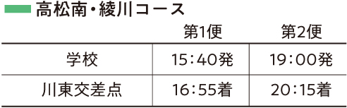 高松南・綾川コース　第1便　学校15：40発　川東交差点16：55着　第2便　学校19：00発　川東交差点20：15着